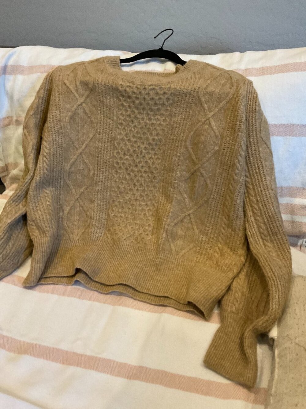 State Cable Knit Sweater Camel Tan Puff Sleeve Mixed Stitch XL